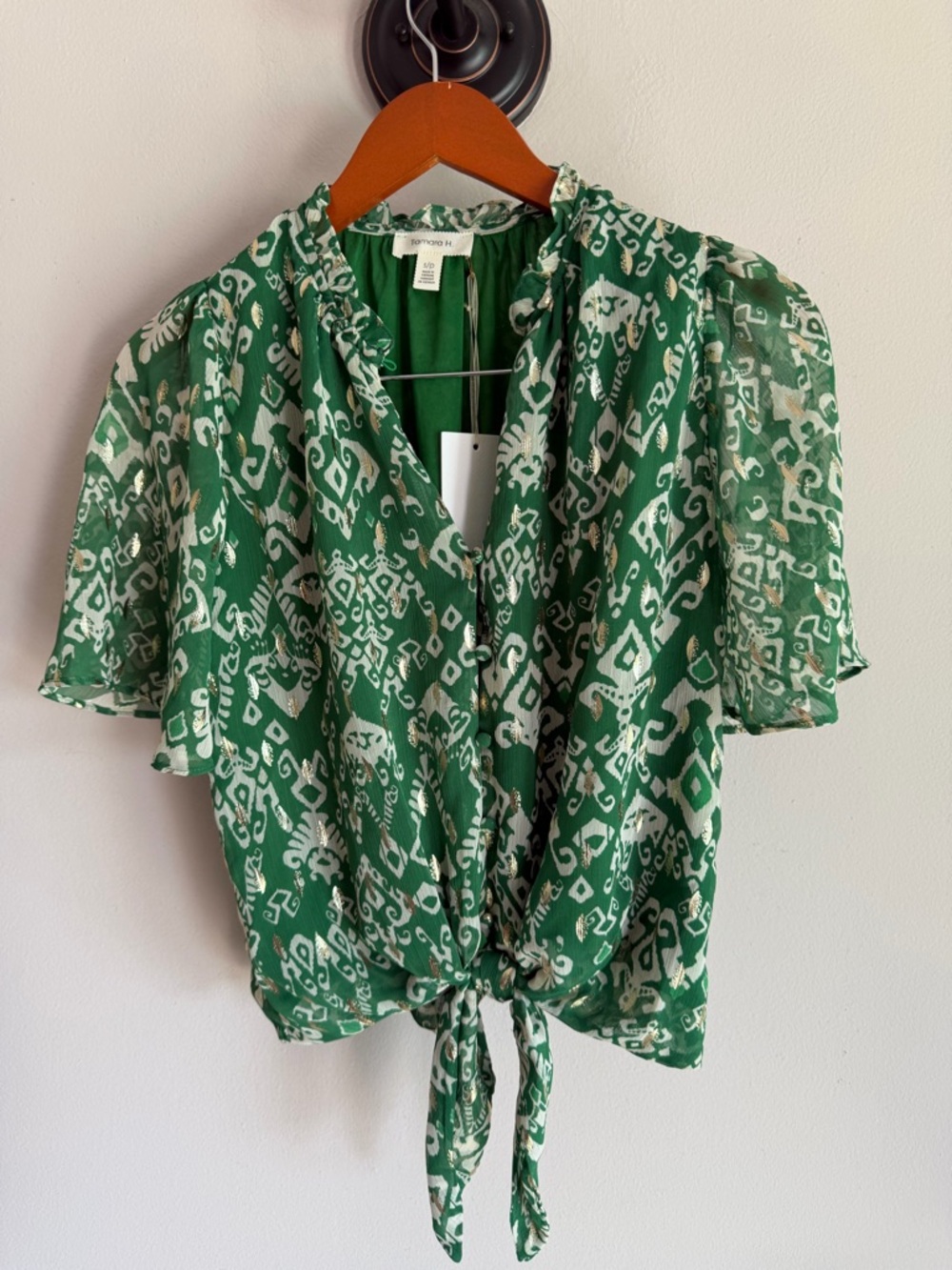 Tamara H. Green Ikat Gold Foil Tie Front Ruffle Neck‎ Blouse Small NWT